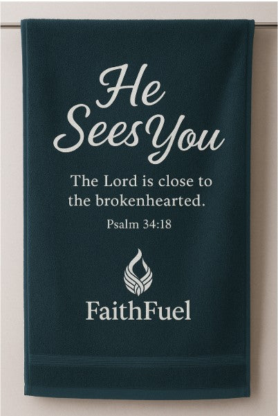 FaithFuel Inspirational Towel – “He Sees You” (Black)